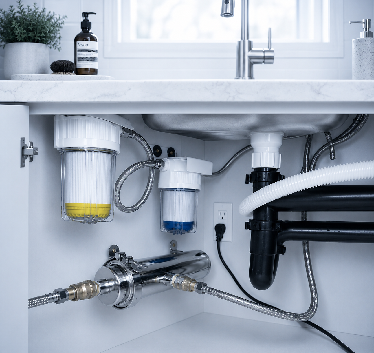 Premium under-sink water filtration system installed inside a modern kitchen cabinet